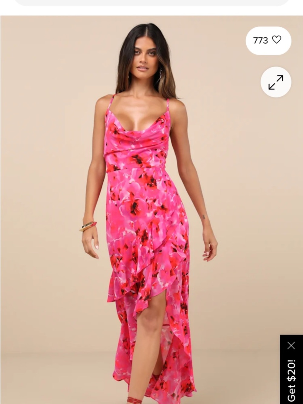 Lulu's Hot Pink Floral Cowl Neck High-Low Slip Dress